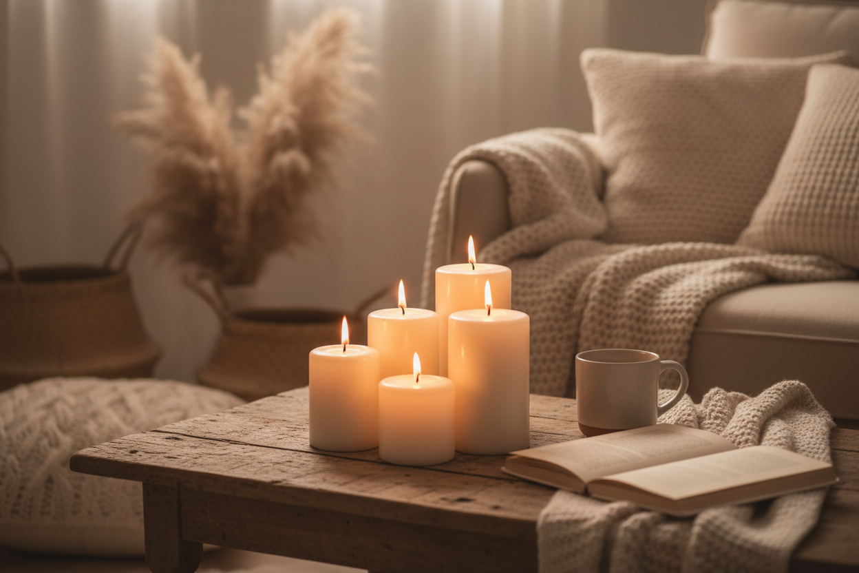 beige colors, cozy atmosphere, focus on candlelight, bit blurry